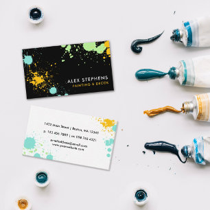 Turquoise Yellow Green Black Paint Splatter Business Card