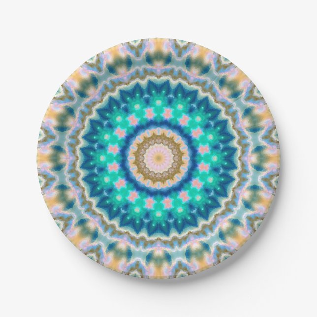 Turquoise yellow mandala paper plate (Front)