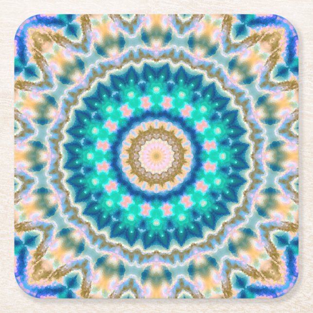 Turquoise yellow mandala square paper coaster (Front)