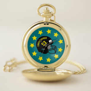 Turquoise Yellow Personalised Name Sports Helmet Pocket Watch