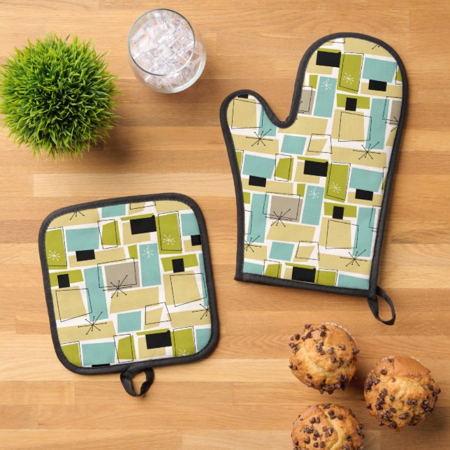 Turquoise Yellow Squares Starburst Mid Century Oven Mitt & Pot Holder Set (Top Down)