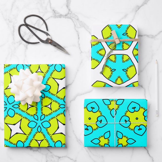 Turquoise, Yellow, White & Black Geometric Floral  Wrapping Paper Sheet (Front)