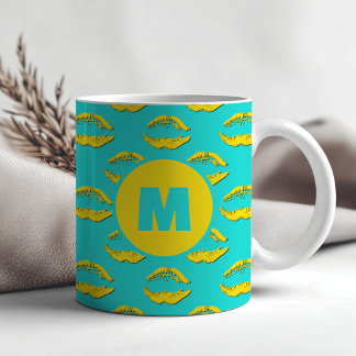 Turquoise & Yellow XOXO Kissing Lips Personalized Coffee Mug