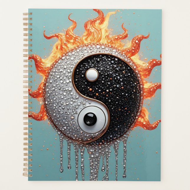 Turquoise Yin Yang Golden Ornamental Texture Planner (Front)