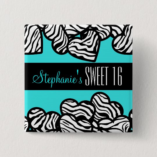 Turquoise zebra heart Sweet 16 Birthday Button