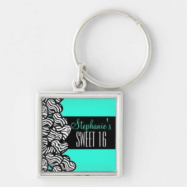 Turquoise zebra heart Sweet 16 Birthday Keychain (Front)