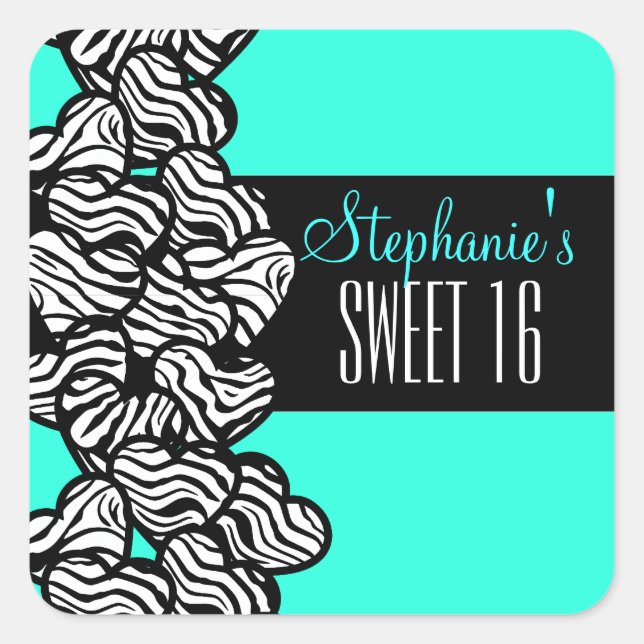 Turquoise zebra heart Sweet 16 Birthday sticker (Front)