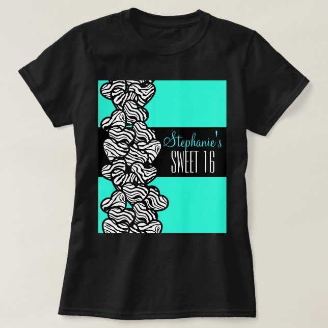 Turquoise zebra heart Sweet 16 Birthday Tshirt (Design Front)