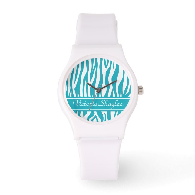 Turquoise Zebra Print with custom text Watch (Front)