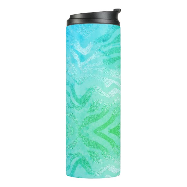 Turquoise zebra striped blue green animal pattern  thermal tumbler (Rotated Left)