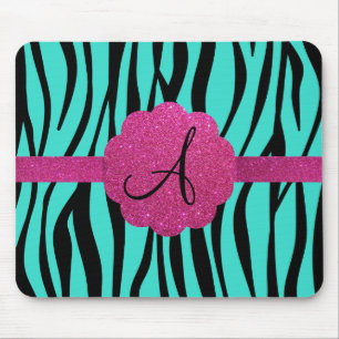Turquoise zebra stripes monogram mouse mat