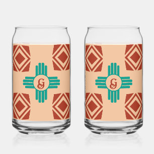 Turquoise Zia Tribal Brown Tan Can Glass