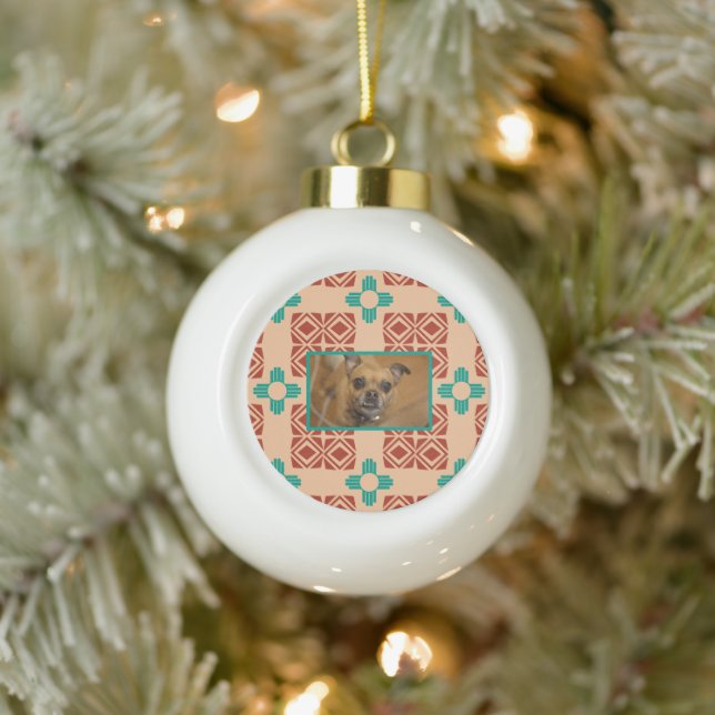Turquoise Zia Tribal Brown Tan Ceramic Ball Christmas Ornament (Tree)