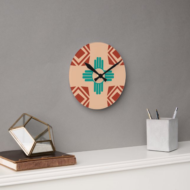 Turquoise Zia Tribal Brown Tan Round Clock (Office)