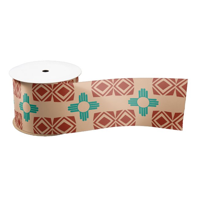 Turquoise Zia Tribal Brown Tan Satin Ribbon (Spool)