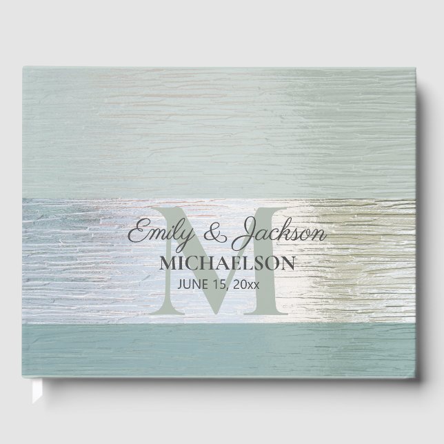 TurquoisSilver Sea Glass Monogram Wedding  Guest Book (Front)