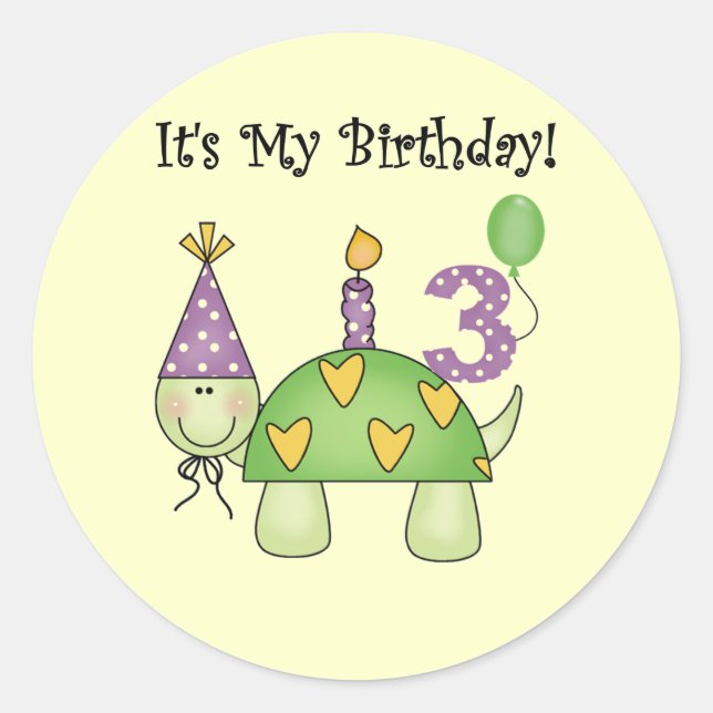 Turtle 3rd Birthday Tshirts and Gifts Classic Round Sticker (Front)