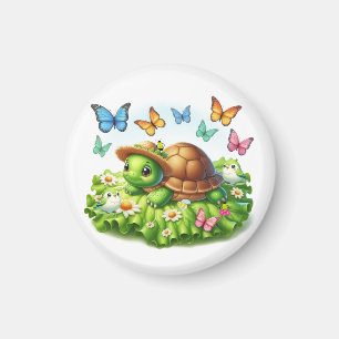Turtle and Birds in a Whimsical Garden Magnet