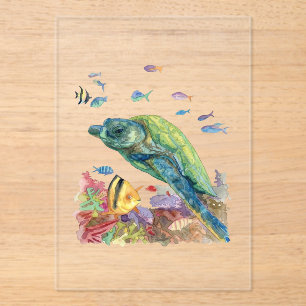 Turtle and fishes in the sea acrylic invitations