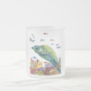 Turtle and fishes in the sea  frosted glass coffee mug