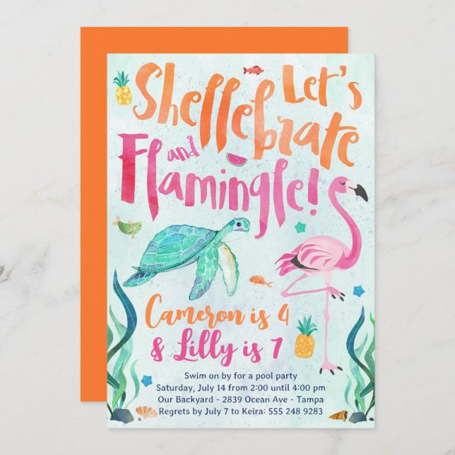 Turtle and Flamingo Birthday Party Invitation (Front/Back)