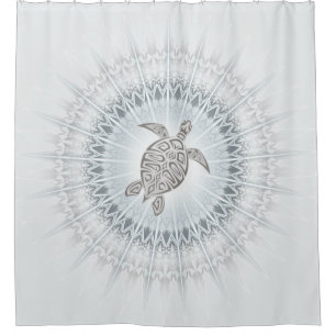 Turtle And Mandala Dusty Blue Taupe Coastal Shower Curtain