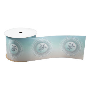 Turtle and Mandala Turquoise Coastal Maritime Satin Ribbon