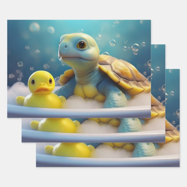 Turtle and Rubber Duck in Bubble Bath Wrapping Paper Sheet (Set)
