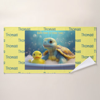 Turtle and Rubber Duck in the Bath Custom Text Bath Towel