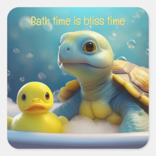 Turtle and Rubber Duck in the Bath Custom Text Square Sticker