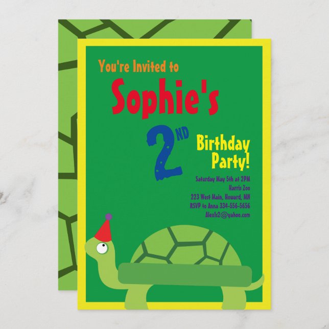 Turtle Animal Kid's Birthday Party Invitations (Front/Back)