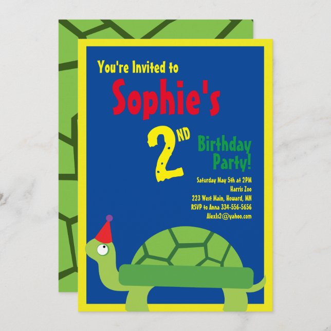 Turtle Animal Kid's Birthday Party Invitations (Front/Back)