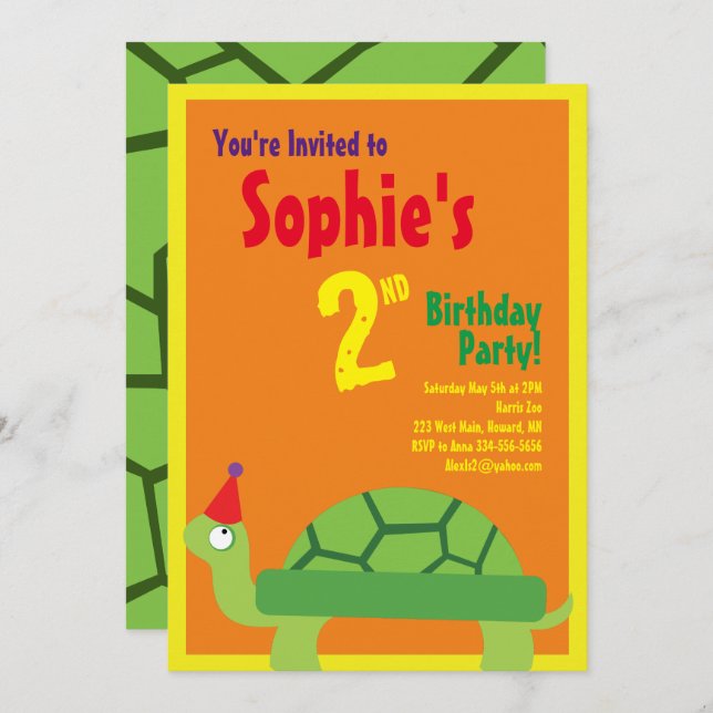 Turtle Animal Kid's Birthday Party Invitations (Front/Back)