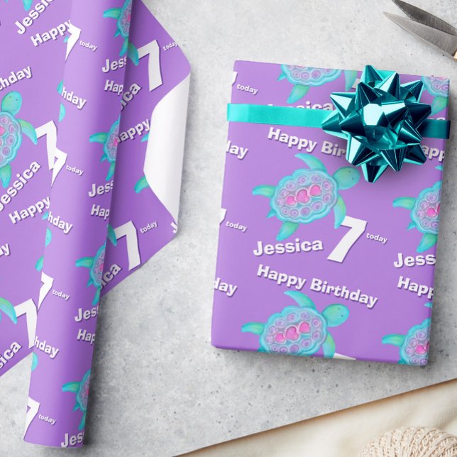 Turtle art age and name 7th birthday wrap wrapping paper (Creator Uploaded)