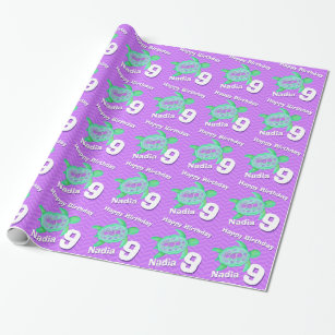 Turtle art age and name 9th birthday wrap wrapping paper