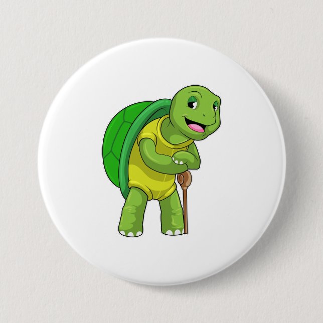 Turtle as Pensioner with Walking stick 7.5 Cm Round Badge (Front)