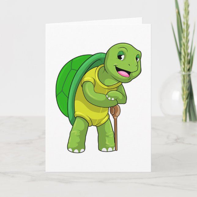 Turtle as Pensioner with Walking stick Card (Front)