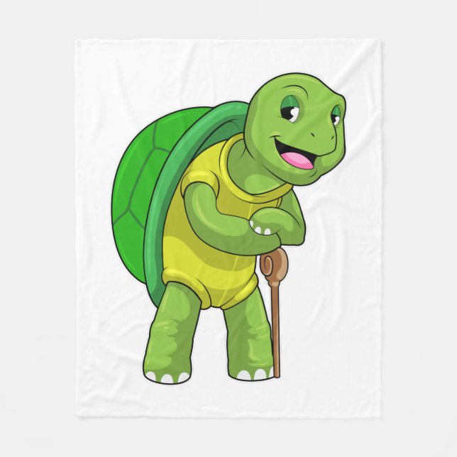Turtle as Pensioner with Walking stick Fleece Blanket (Front)