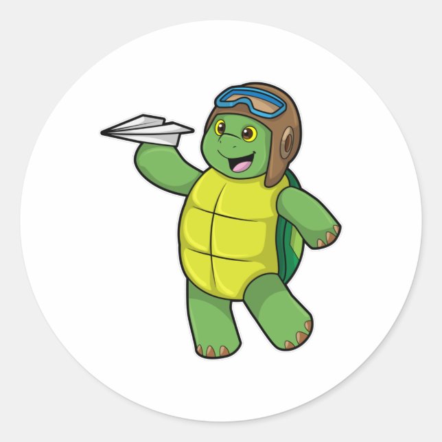 Turtle as Pilot with Paper plane Classic Round Sticker (Front)