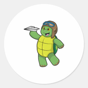 Turtle as Pilot with Paper plane Classic Round Sticker