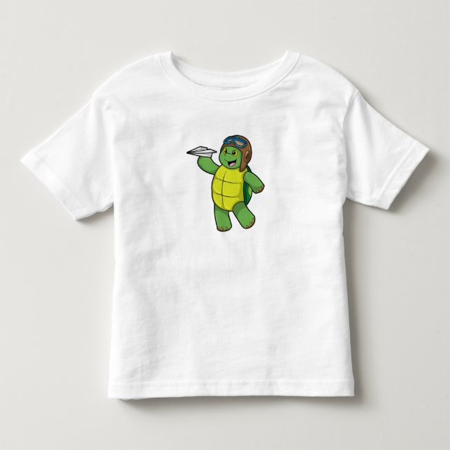 Turtle as Pilot with Paper plane Toddler T-Shirt (Front)