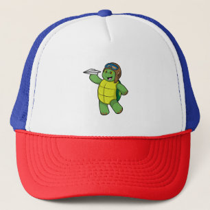 Turtle as Pilot with Paper plane Trucker Hat