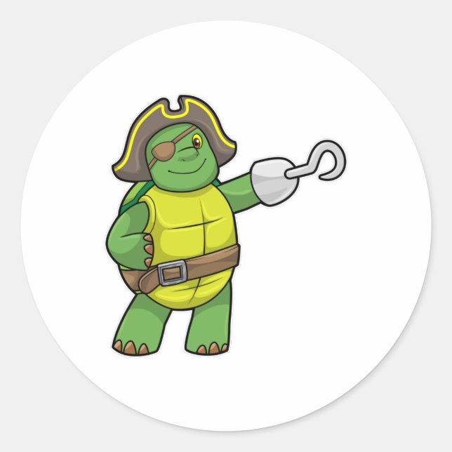 Turtle as Pirate with Hooked hand & Eye patch Classic Round Sticker (Front)