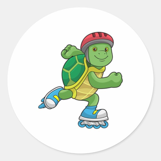 Turtle as Skater with Inline skates & Helmet Classic Round Sticker (Front)