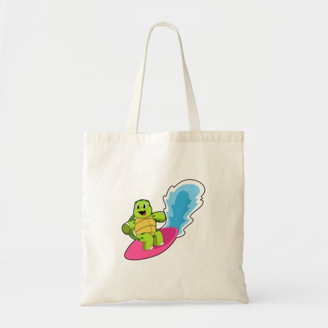 Turtle as Surfer with Surfboard Tote Bag (Front)