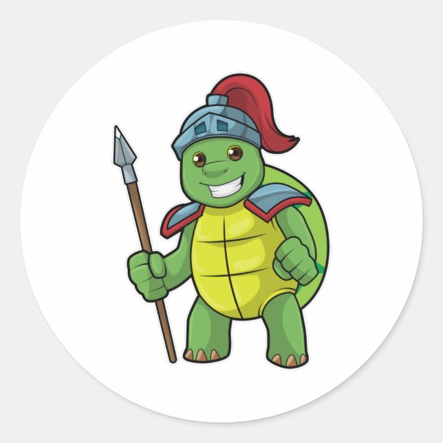 Turtle as Warrior with Spear & Helmet Classic Round Sticker (Front)