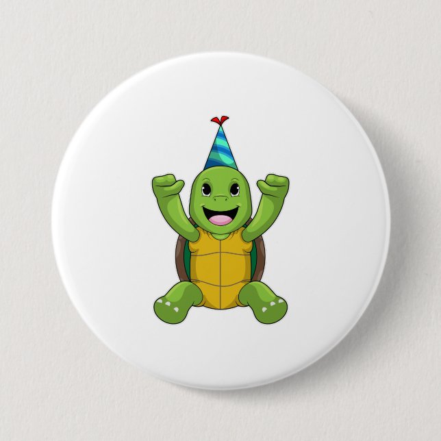 Turtle at Birthday with Party hat 7.5 Cm Round Badge (Front)