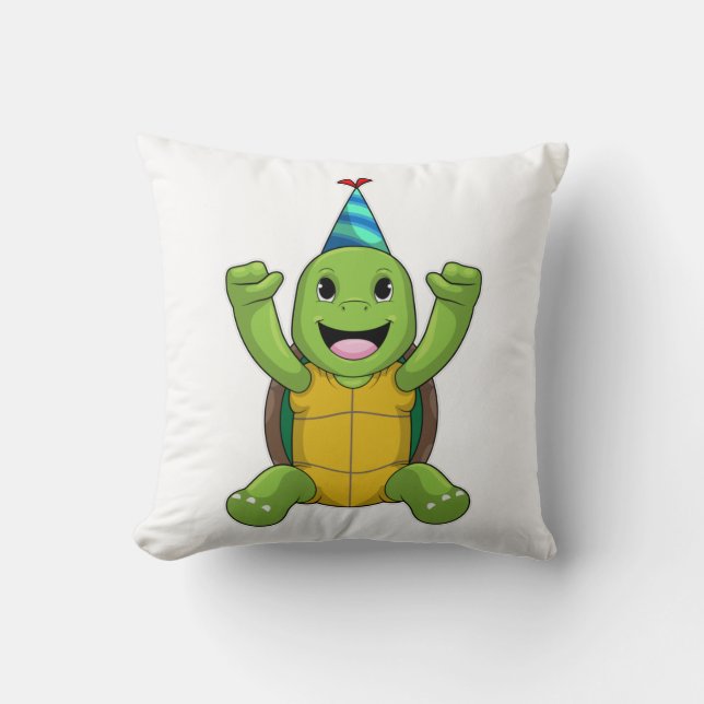 Turtle at Birthday with Party hat Cushion (Front)