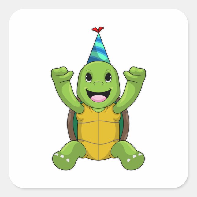 Turtle at Birthday with Party hat Square Sticker (Front)