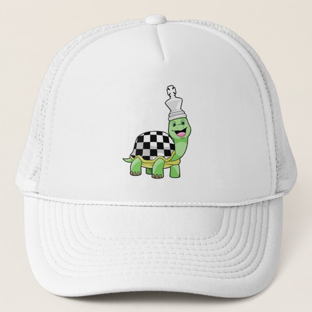 Turtle at Chess with Chess board & King Trucker Hat (Front)